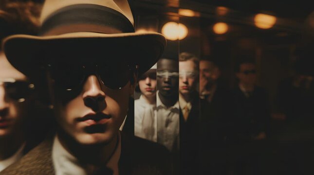 Mysterious vintage characters reflected in mirrored elevator walls, dressed in 1920s fashion. Cinematic noir aesthetic with warm moody lighting and depth of field.