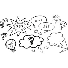 Question mark doodle set with various hand drawn elements representing ideas communication and problem solving