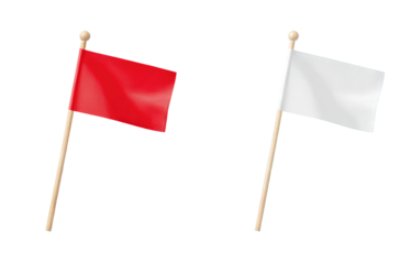 Two flags, one red, one white, on wooden sticks