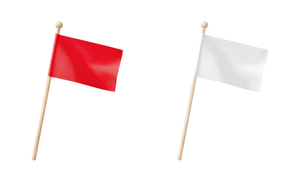 Two flags, one red, one white, on wooden sticks
