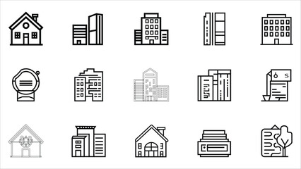 Collection of hand drawn architectural building icons representing various structures and styles