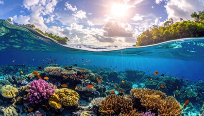 Naklejka premium Split View Of Tropical Island Coastline With Vibrant Coral Reef Ecosystem And Sunlit Ocean Surface Under Blue Sky With Clouds