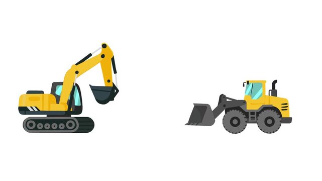 Excavator and Wheel Loader in Flat Animation for Construction Footage Scene