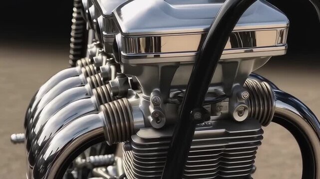 Gleaming Motorcycle Engine: Chrome Exhaust Pipes, Detailed Close-Up