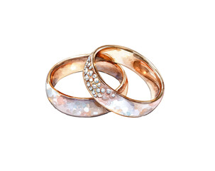 Watercolor illustration of two intertwined wedding bands.  Delicate, rose gold colored rings, featuring small, scattered diamonds, resting atop each other.  A textured, slightly mottled finish