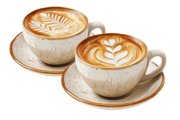 Two cups of cappuccino, artfully crafted latte foam designs