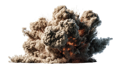 Explosions of smoke and fire.  A large, chaotic cloud of  tan and gray smoke, with orange/red flames within, erupts from a central point