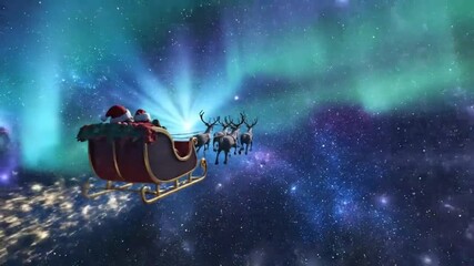 Santa Claus and his reindeer sleigh flying through a magical starry night sky with aurora borealis. - Powered by Adobe