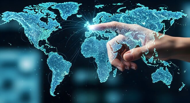 Hand touching a glowing digital world map representing global connectivity and technology