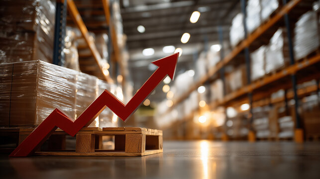 Warehouse Growth: An upward trend of a red graph symbolizes warehouse expansion, illustrating business prosperity amidst neatly arranged goods.