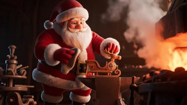 Santa Claus working in his magical workshop preparing Christmas gifts for delivery.