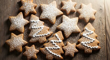 Festive christmas gingerbread cookies decorated with icing and powdered sugar on rustic wood