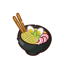 Black Bowl of Japanese Ramen with Egg, Narutomaki and Upright Wooden Chopsticks