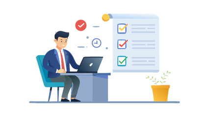 Man working on laptop with task list