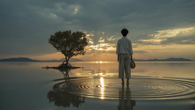 男性が夕景の浅瀬で一本木を静かに見つめる