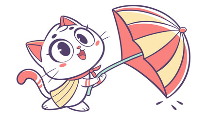 A cute cartoon cat holding a red and yellow striped umbrella
