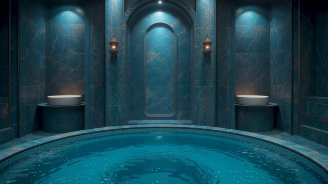 Serene Spa Oasis: Immerse yourself in the tranquil ambiance of a luxurious spa, where the gentle glow of ambient lighting dances across the water, inviting relaxation.