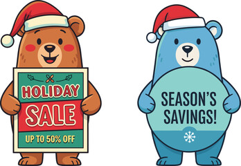Cartoon bears in Santa hats holding holiday sale signs, festive Christmas discount illustration, seasonal shopping promotion, cute winter marketing graphic