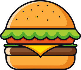a flat-style vector icon of a hamburger with lettuce, cheese, and tomato, colorful and clean, no background.
