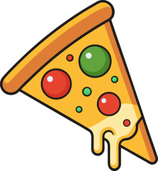 a flat-style vector icon of a slice of pizza with melted cheese and pepperoni, bright colors, no background.