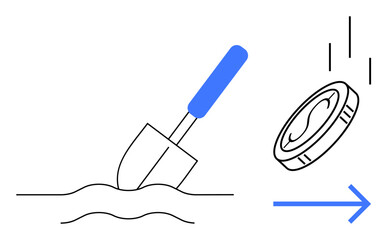 Shovel digging soil and coin falling to represent investment, effort, and reward. Ideal for finance, growth, opportunity, development, savings value economy themes. Minimal simple flat metaphor