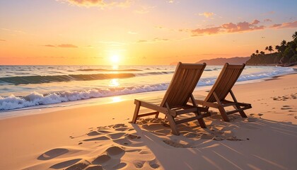 Two Empty Wooden Beach Chairs on Sandy Shoreline with Gentle Waves During a Golden Sunset Over the Tropical Ocean with Palm Trees Silhouetted on the Distant Hillside