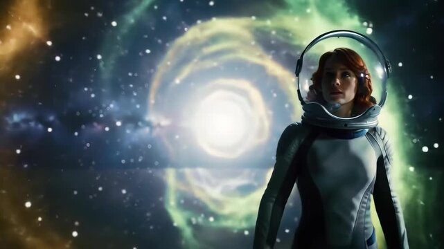 Astronaut gazing at nebulae in space, exploration. Background features swirling colorful cosmos. For science articles