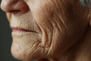 The chin and jawline of the elderly are sagging and have deep grooves, with a clear skin texture.