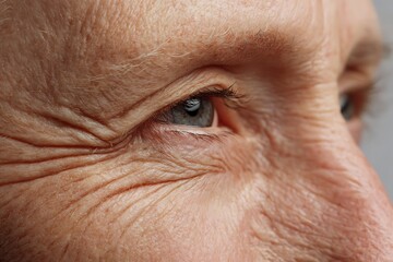 Naklejka premium The skin on the forehead of an elderly person with deep folds and clear lines shows the changes of time.