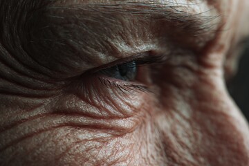 Naklejka premium The skin on the forehead of an elderly person with deep folds and clear lines shows the changes of time.