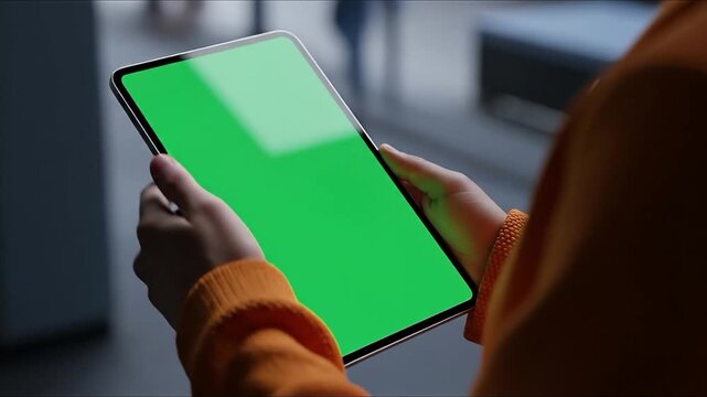 Person holding tablet with green screen chroma key for digital content creation and app - Powered by Adobe