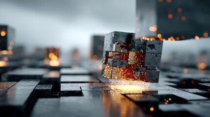 Abstract futuristic 3D render of a data cube floating over a technological landscape