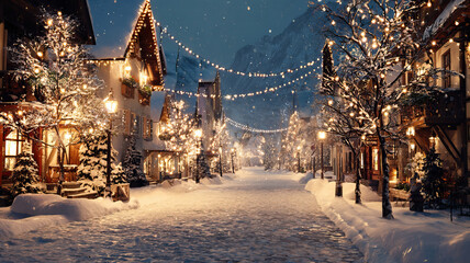 Snowy village street with warm lights festive winter atmosphere on transparent background