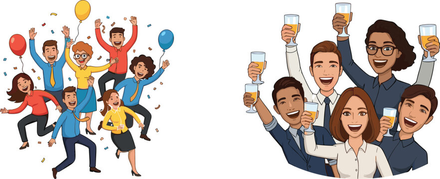 PriBusiness team celebration, corporate success, office party, cheerful employees, champagne toast, teamwork, happy professionals, festive mood, animated characters, achievement