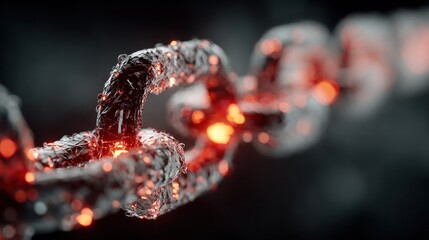 Abstract image of a chain with red glowing lights and a dark blurred background