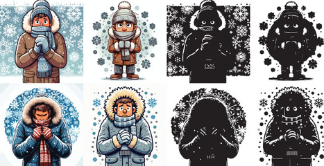 Set of vector and shilhouttes simple cold man images on white background