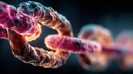 Abstract macro shot of a chain link with bioluminescent and scientific details