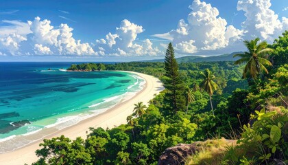 Scenic tropical beach with lush green foliage and a wooden boat resting near the crystal clear turquoise ocean waters under a bright sunny sky with fluffy white clouds
