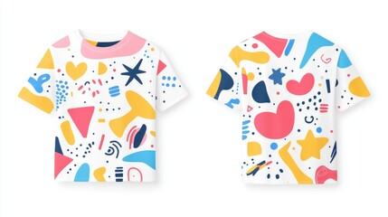a t-shirt mockup with a playful, hand-drawn doodle design, featuring simple geometric shapes and playful patterns like stars