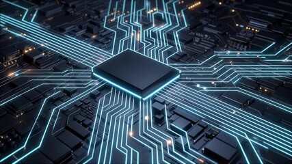 Dynamic digital circuit board animation pulsing with light for modern tech - Powered by Adobe