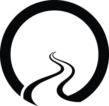 Minimalist black and white illustration of a winding road leading into a large circular void symbolizing journey and infinity.