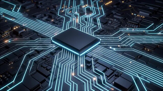 Dynamic digital circuit board animation pulsing with light for modern tech - Powered by Adobe