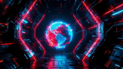 A futuristic cybernetic tunnel with glowing red and blue neon lights leads to a digital Earth at the center, symbolizing global connectivity in a high-tech data network.