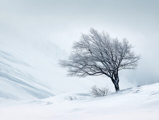 Winter tree silhouette in snowy valley with delicate snow on branches on transparent background