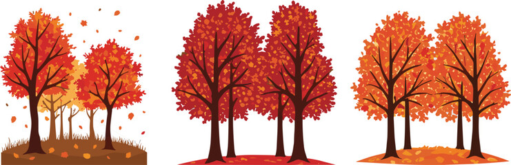 Naklejka premium Autumn trees illustration, fall foliage landscape, seasonal nature scene, orange red yellow leaves, forest in autumn, vector design, tranquil