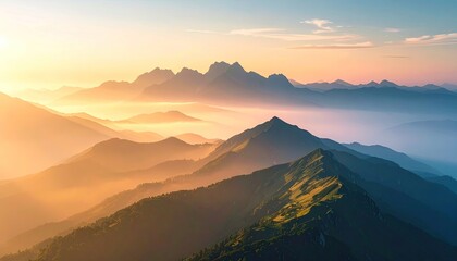 Majestic mountain range at sunrise with golden light rays piercing through mist creating an ethereal glow over layered peaks and valleys in a breathtaking natural landscape.