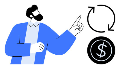 Man gesturing toward dollar and circular arrows indicating concepts of money flow, repayment, or investment cycle. Ideal for finance, banking, business strategy, economy, savings, growth innovation