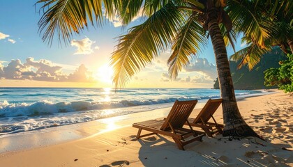 Obraz premium Tropical Beach Sunrise With Palm Trees and Lounge Chairs on White Sand Overlooking Ocean Waves