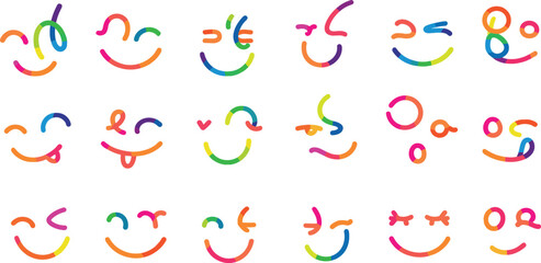 Expressive and colorful abstract line art emoticons in a vibrant rainbow palette, depicting a wide range of emotions and cheerful moods, ideal for playful digital design concepts