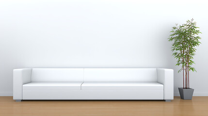 A white couch sits in front of a wall with a potted plant